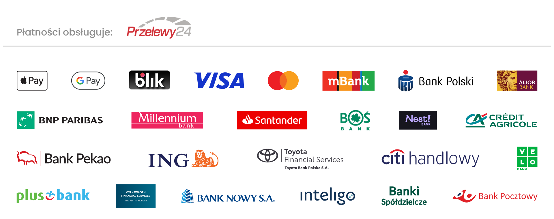 Metody płatności Przelewy24: karta, przelew, BLIK, Visa Mobile, Google Pay, raty